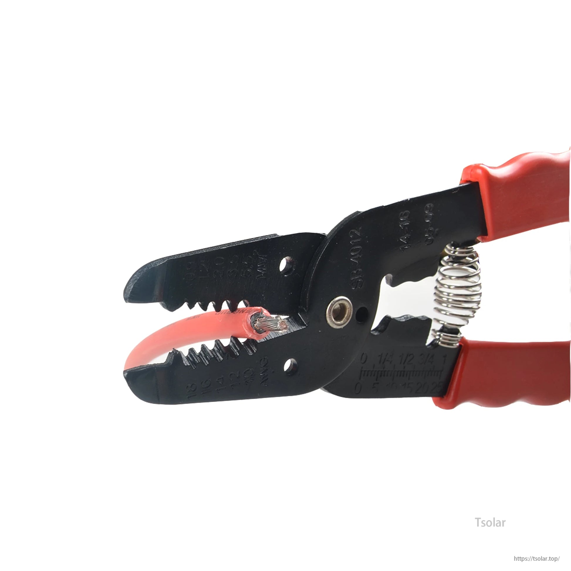 SolarEpic H03 MC4 solar terminal pressing tool crimper with red handles gripping a cable end