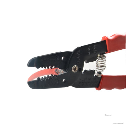 SolarEpic H03 MC4 solar terminal pressing tool crimper with red handles gripping a cable end
