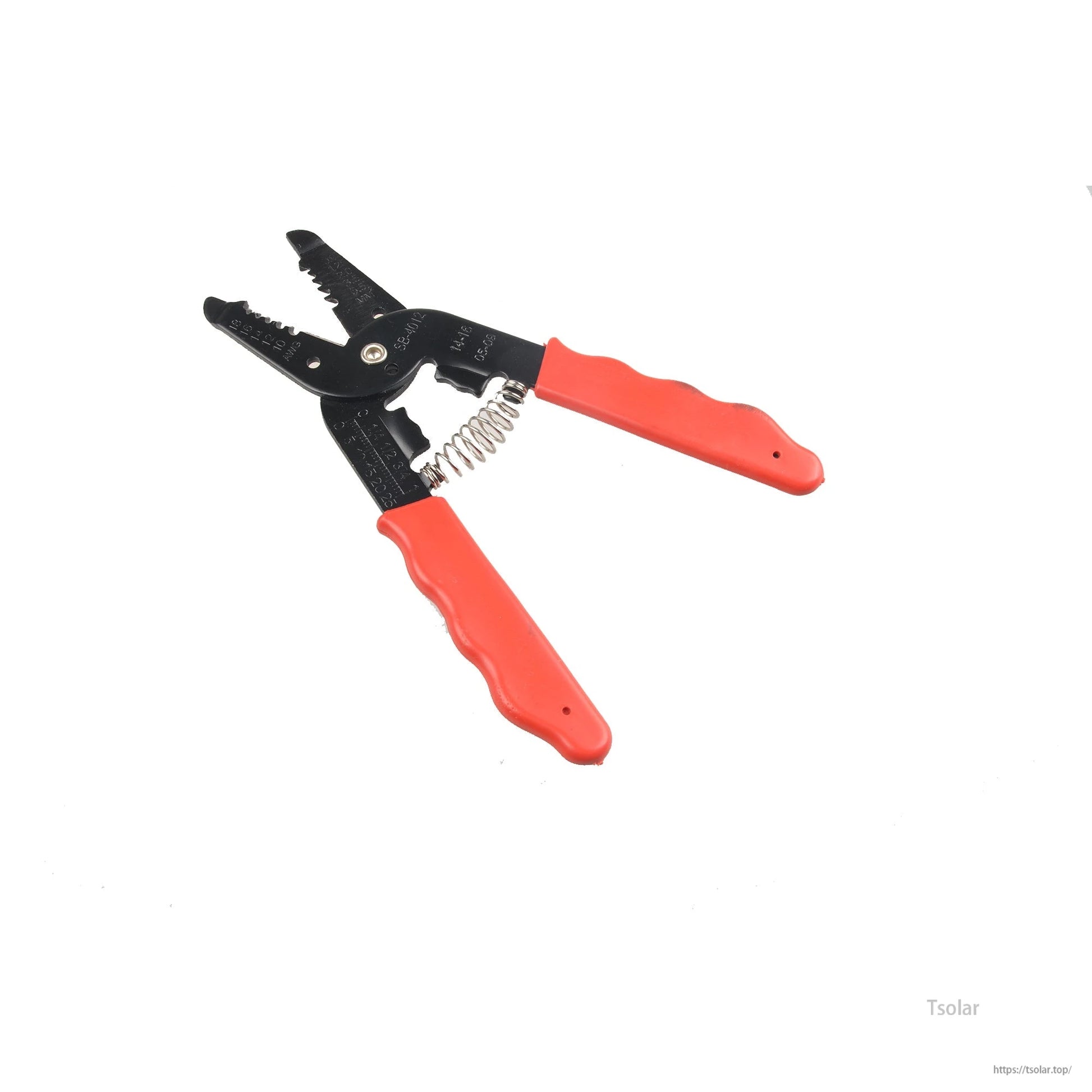 SolarEpic H03 MC4 solar terminal pressing tool with black steel jaws, return spring, and red handles