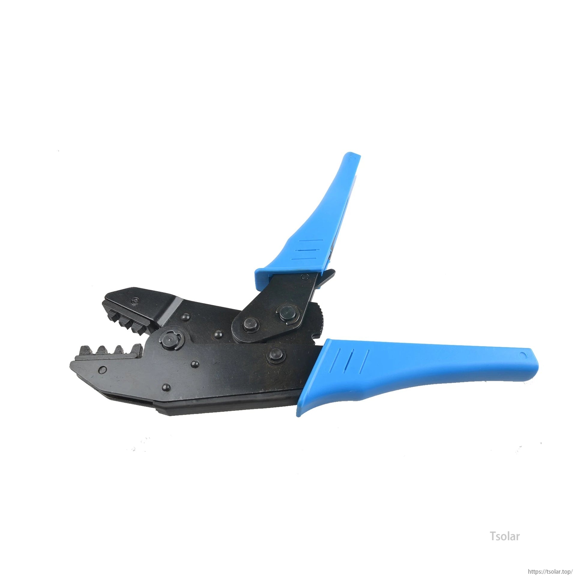 SolarEpic H03 MC4 Solar Terminal Pressing Tool, SolarEpic H03 MC4 solar terminal crimping tool with blue handles and ratcheting jaws