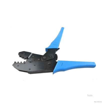 SolarEpic H03 MC4 Solar Terminal Pressing Tool, SolarEpic H03 MC4 solar terminal crimping tool with blue handles and ratcheting jaws