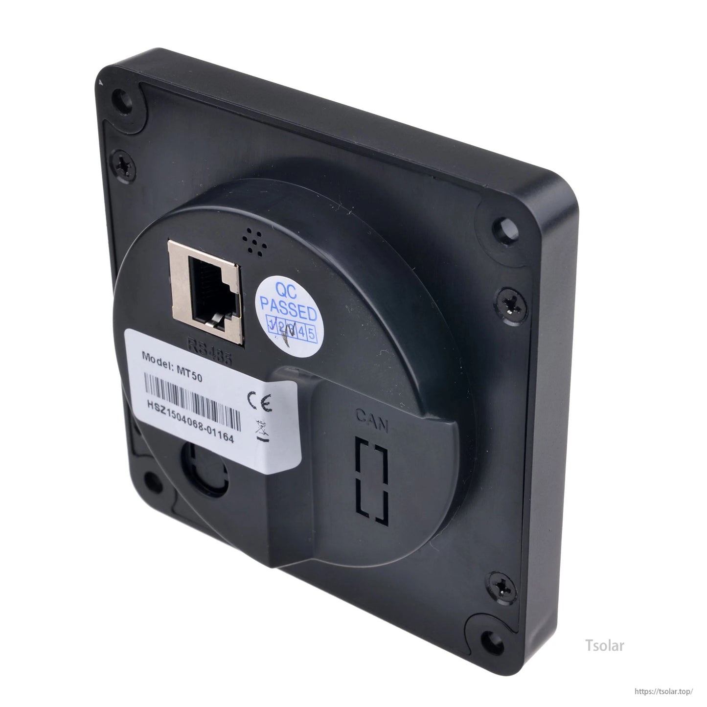 Back view of SolarEpic MT50 LCD remote meter with RJ45 port, CAN marking, and four mounting holes