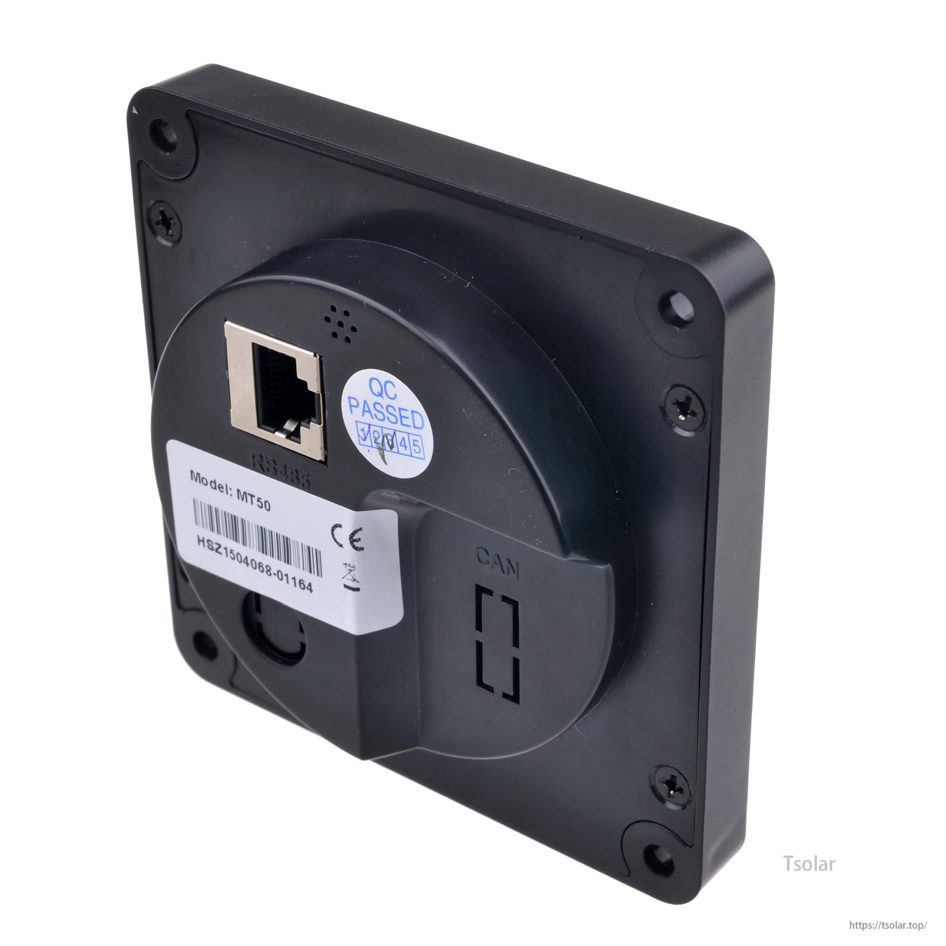 Back view of SolarEpic MT50 LCD remote meter with RJ45 port, CAN marking, and four mounting holes