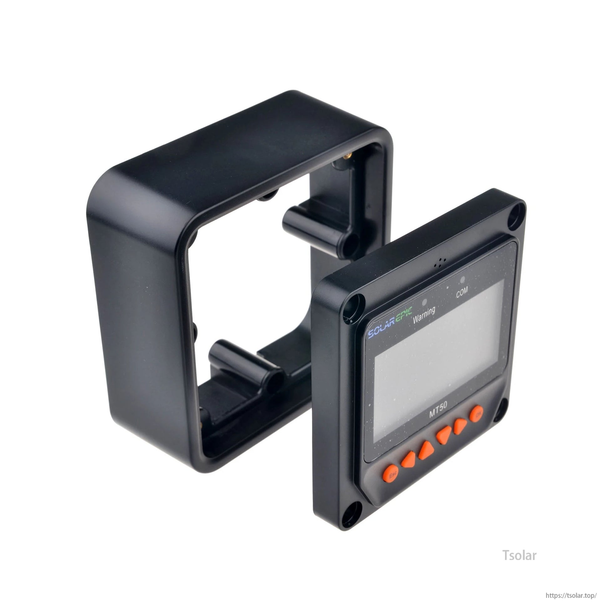 SolarEpic MT50 LCD remote meter display with orange control buttons and a black mounting bracket