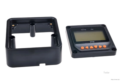 SolarEpic MT50 LCD remote meter with flush-mount bezel, screen labeled Monitoring/COM, and orange control buttons