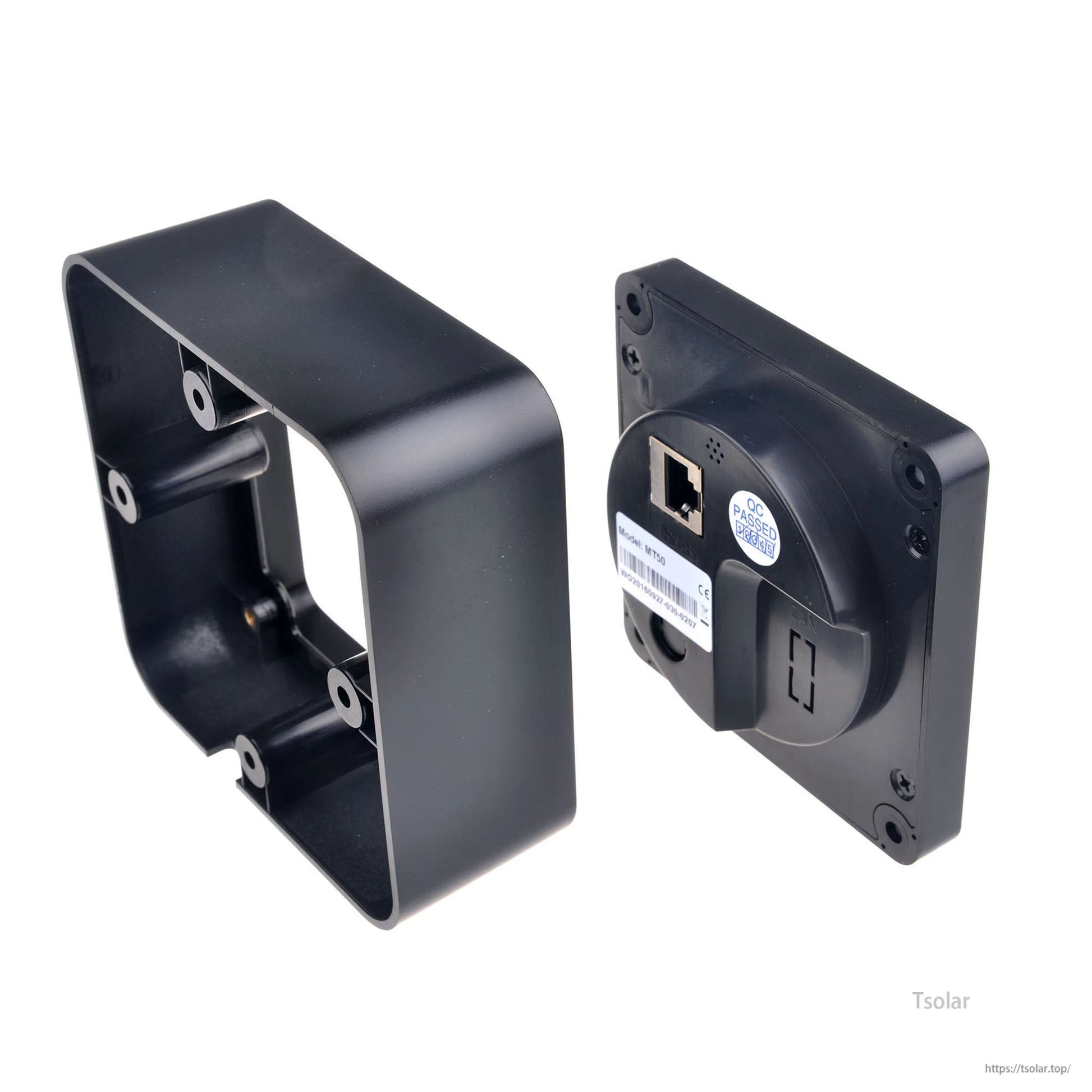 SolarEpic MT50 LCD remote meter back view with mounting bracket and RJ45-style communication port