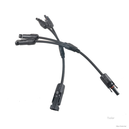 MC4 Y-branch solar panel cable connector set with multiple male and female plug ends on black leads