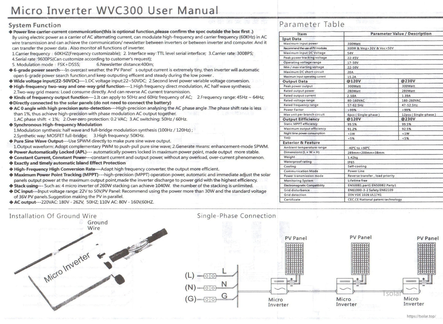 WVC300 micro inverter user manual page with 300W parameter table and single-phase PV panel wiring diagram