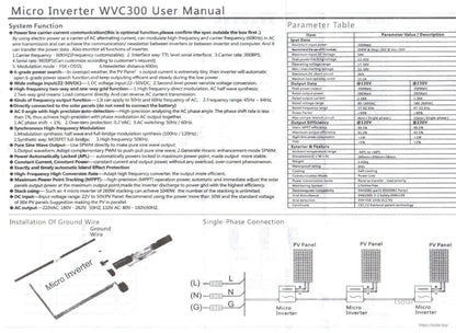 WVC300 micro inverter user manual page with 300W parameter table and single-phase PV panel wiring diagram