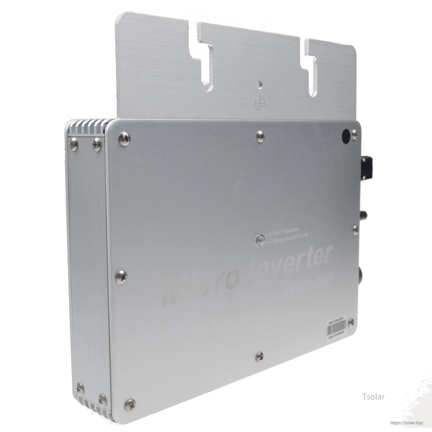 SolarEpic grid-tie micro inverter in a metal enclosure with integrated mounting bracket and screw-fastened cover