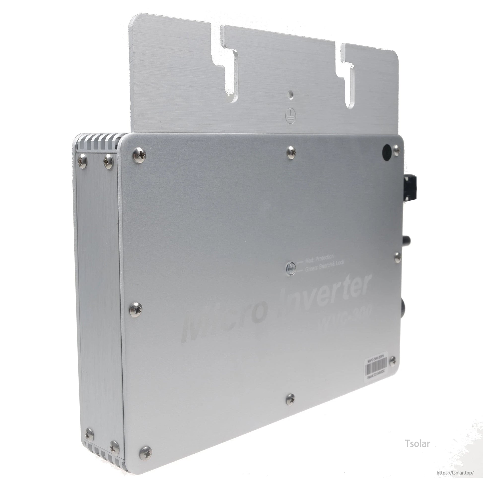 SolarEpic grid-tie micro inverter in a metal enclosure with integrated mounting bracket and screw-fastened cover