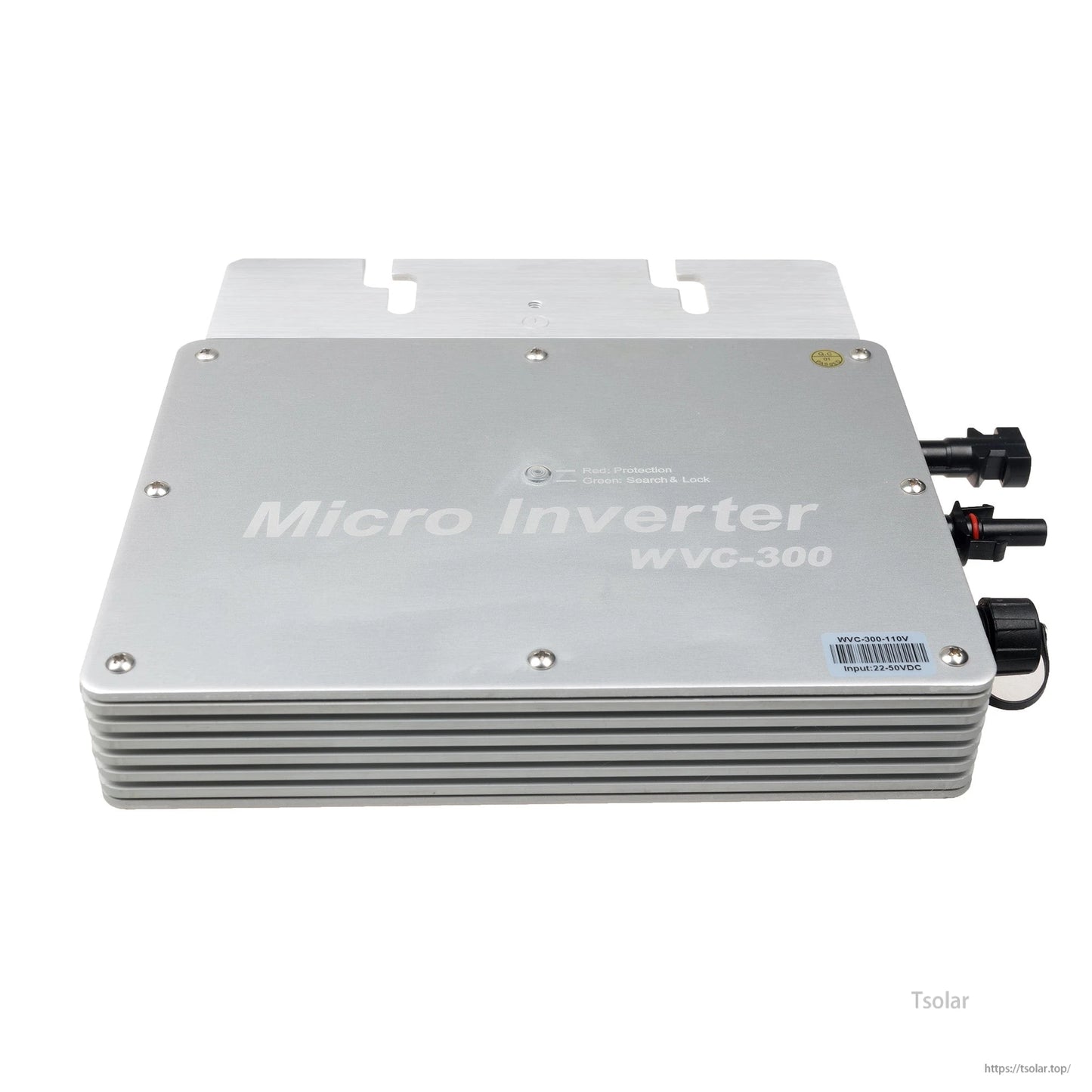WVC-300 micro inverter in a ribbed aluminum enclosure with side connectors and mounting tabs