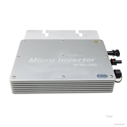 WVC-300 micro inverter in a ribbed aluminum enclosure with side connectors and mounting tabs