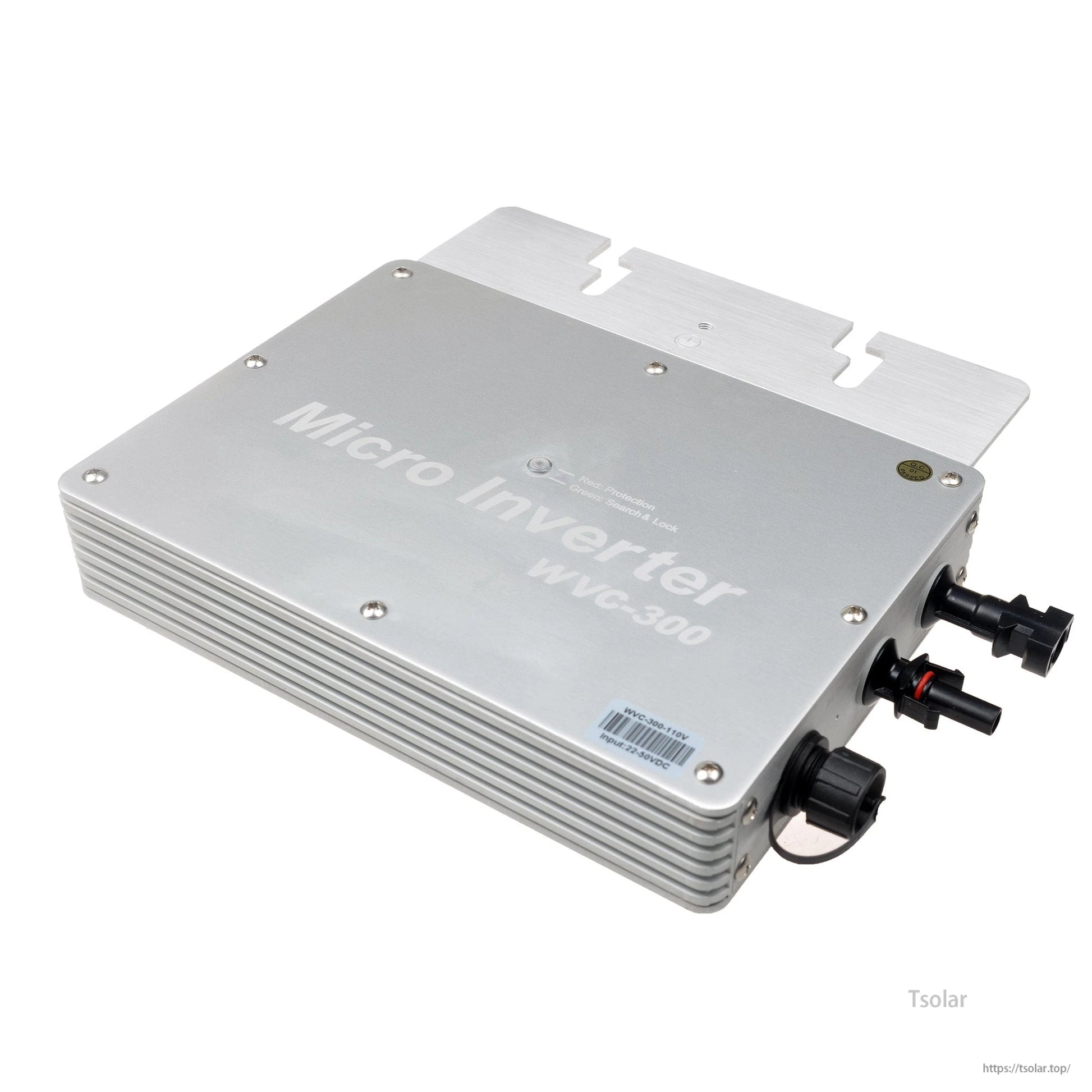 Aluminum WVC-300 micro inverter with finned heatsink housing, mounting tabs, and prewired DC/AC connectors