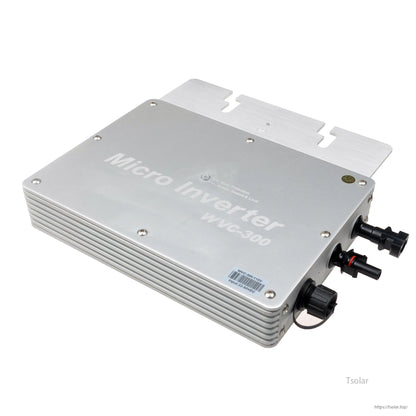 Aluminum WVC-300 micro inverter with finned heatsink housing, mounting tabs, and prewired DC/AC connectors