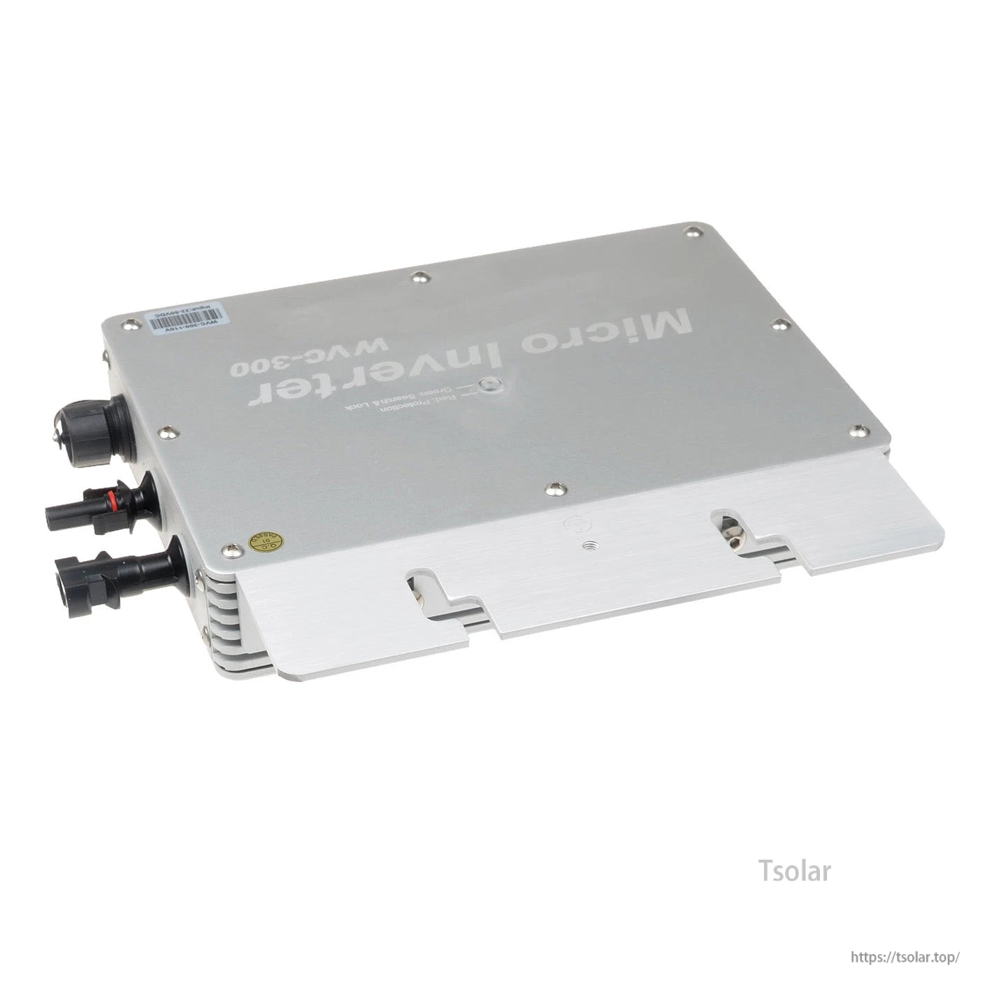 SolarEpic 300W micro grid-tie inverter in silver aluminum case with cable gland and DC connectors