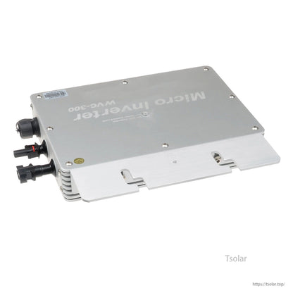 SolarEpic 300W micro grid-tie inverter in silver aluminum case with cable gland and DC connectors