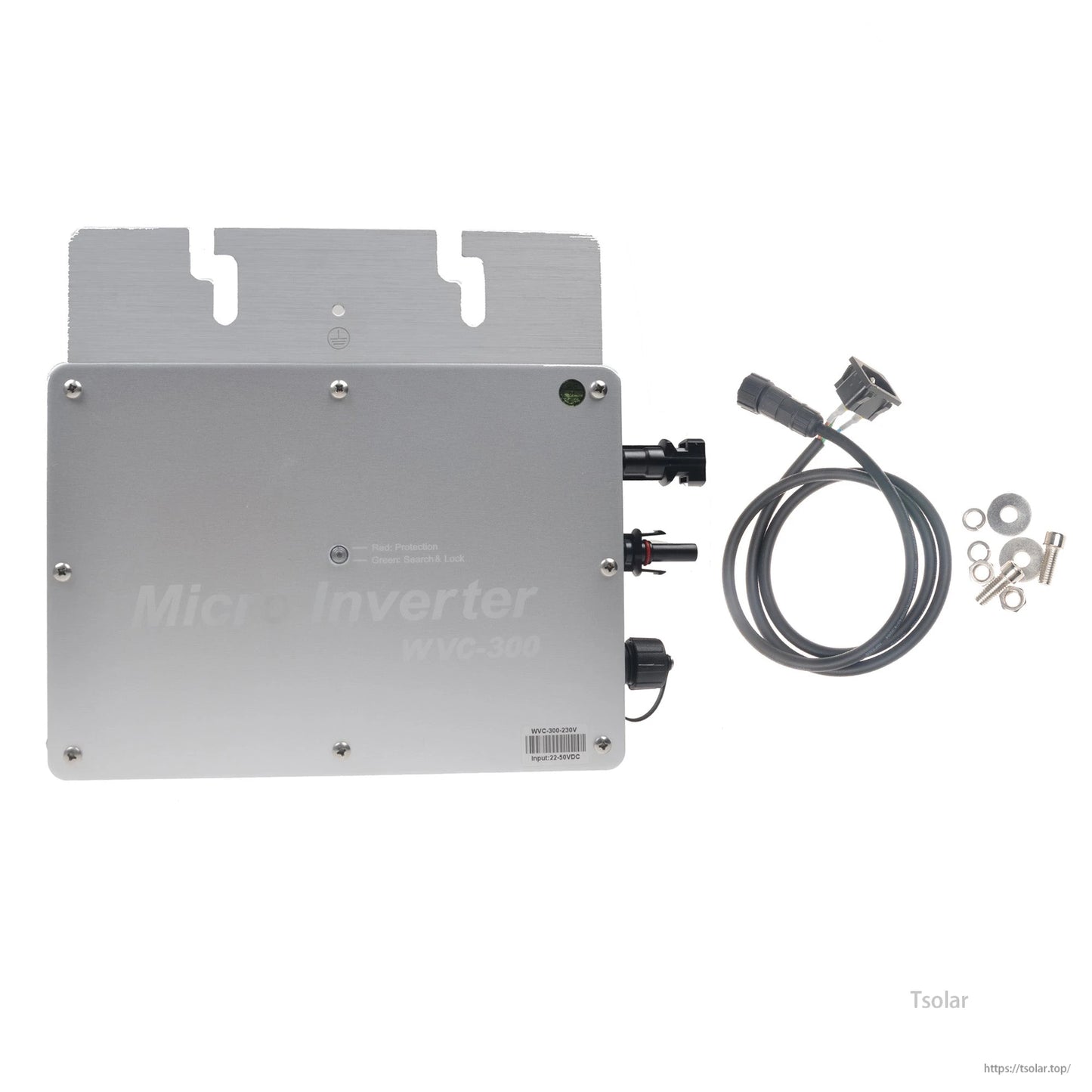 SolarEpic 300W MPPT waterproof grid-tie micro inverter with aluminum case, side connectors, cable and mounting hardware