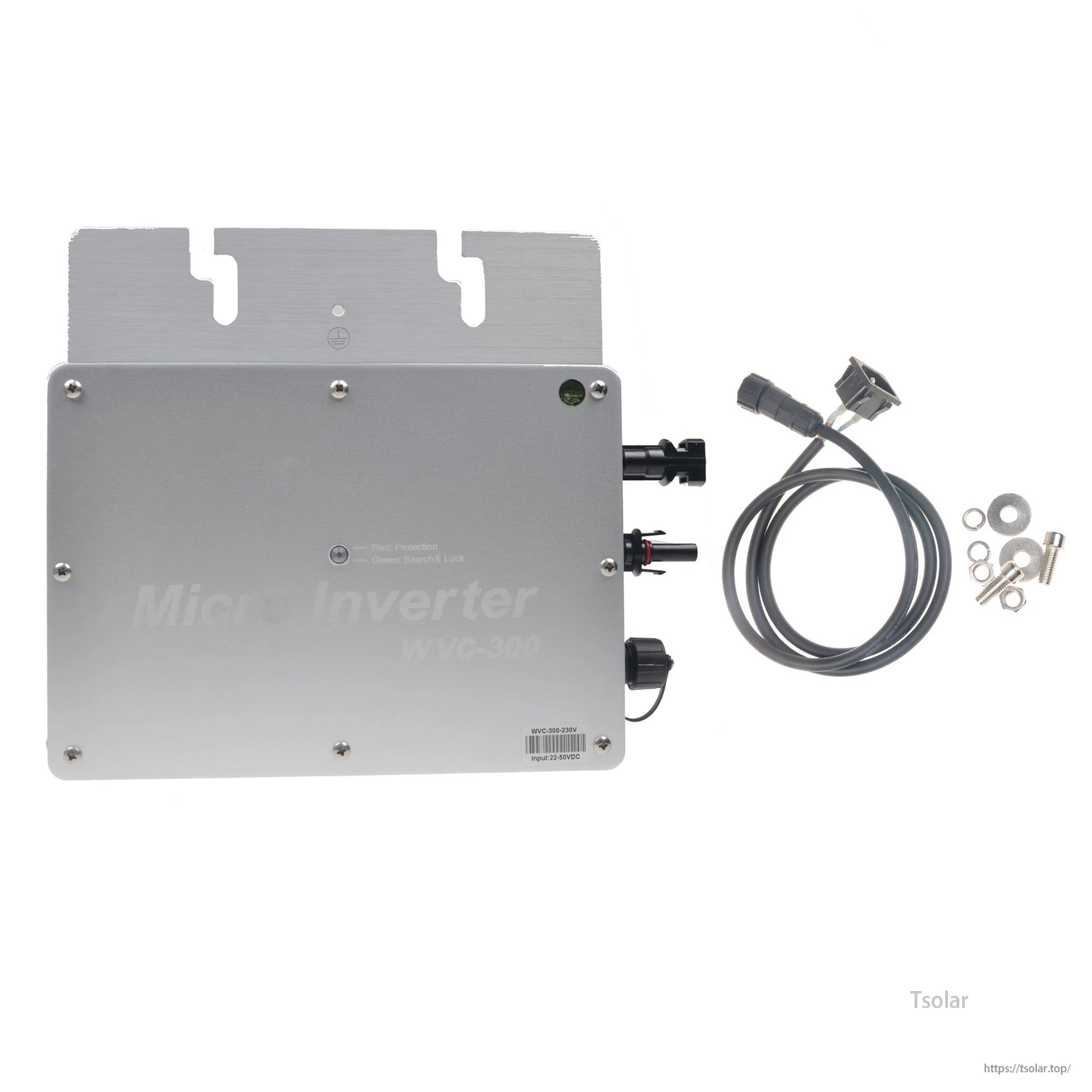 SolarEpic 300W MPPT waterproof grid-tie micro inverter with aluminum case, side connectors, cable and mounting hardware