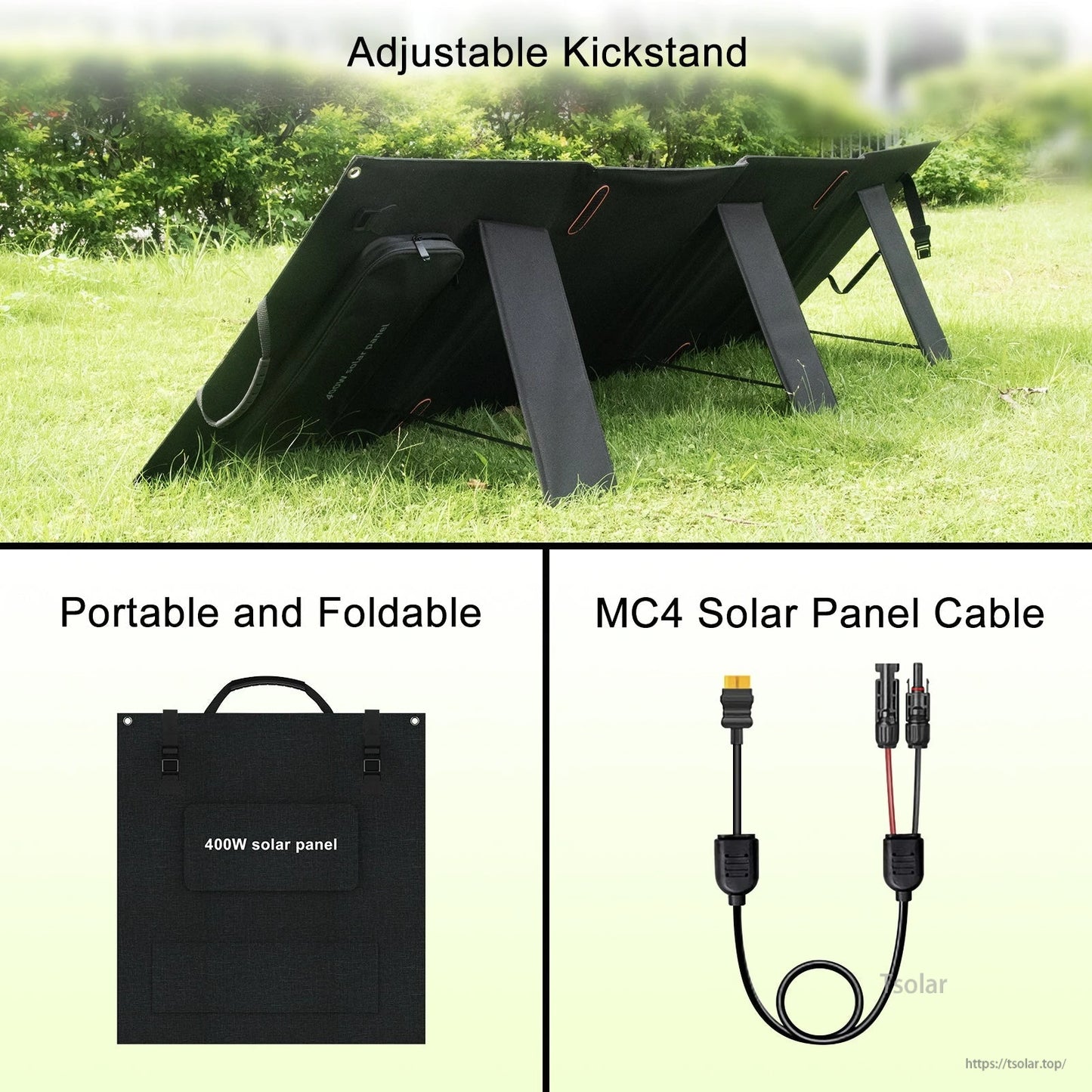 SolarPlay 400W Portable Solar Panel, Compact, foldable 400W solar panel with adjustable kickstand, MC4 cable, and 23.4% efficient monocrystalline cells, ideal for portable outdoor power needs.
