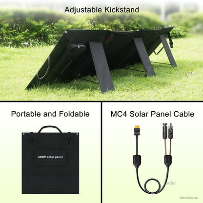 SolarPlay 400W Portable Solar Panel, Compact, foldable 400W solar panel with adjustable kickstand, MC4 cable, and 23.4% efficient monocrystalline cells, ideal for portable outdoor power needs.