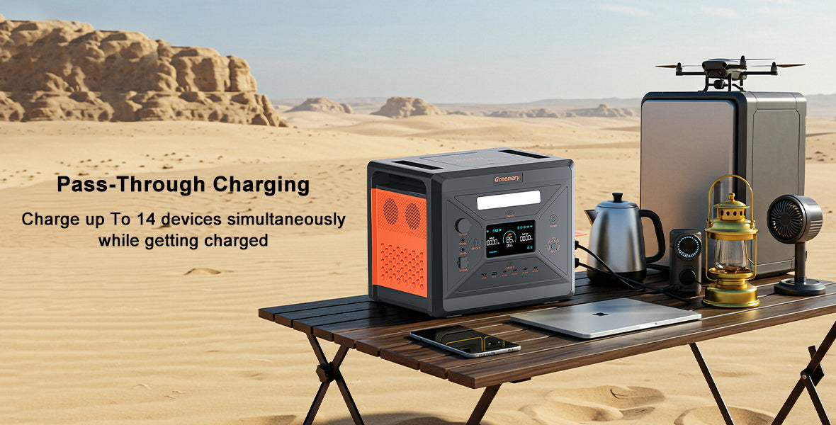 SolarPlay G2500 Portable Power Station allows simultaneous device charging and recharging through pass-through charging.