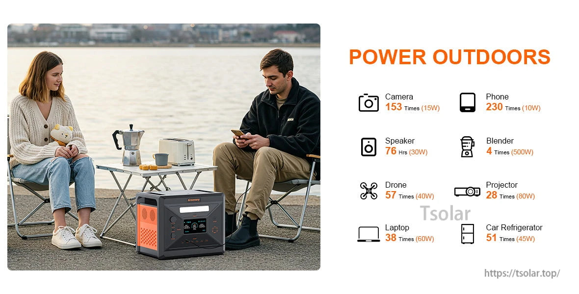 SolarPlay G2500 Portable Power Station, Charged camera 153, phone 230, speaker 76 hrs, blender 4, drone 57, projector 28, laptop 38, car fridge 51 times.