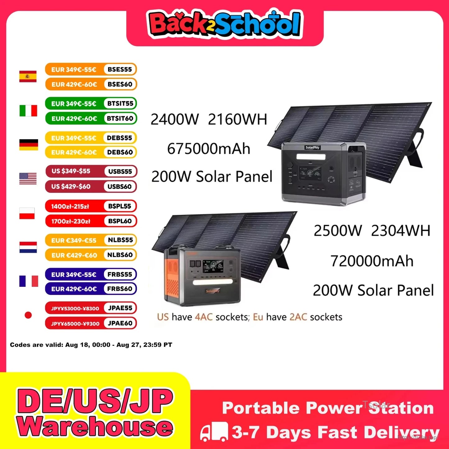 SolarPlay Q2402M Portable Power Station Solar Generator Kit, LiFePO4 2304Wh/2500W, Q2501 2160Wh/2400W + 200W Panel