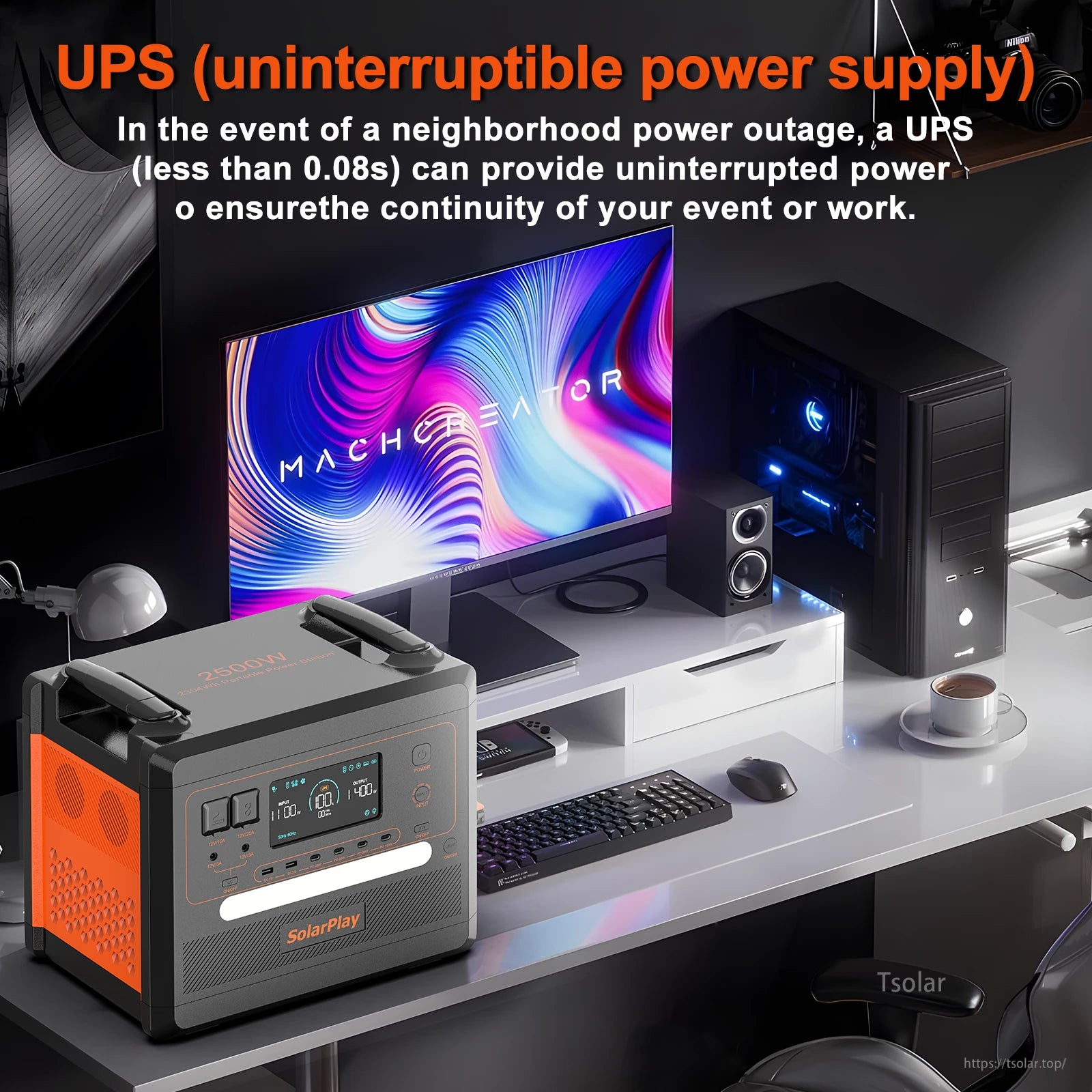 SolarPlay Q2402M Portable Power Station, Portable power station with 2304Wh capacity, 2500W output, and 12 ports for versatile charging.
