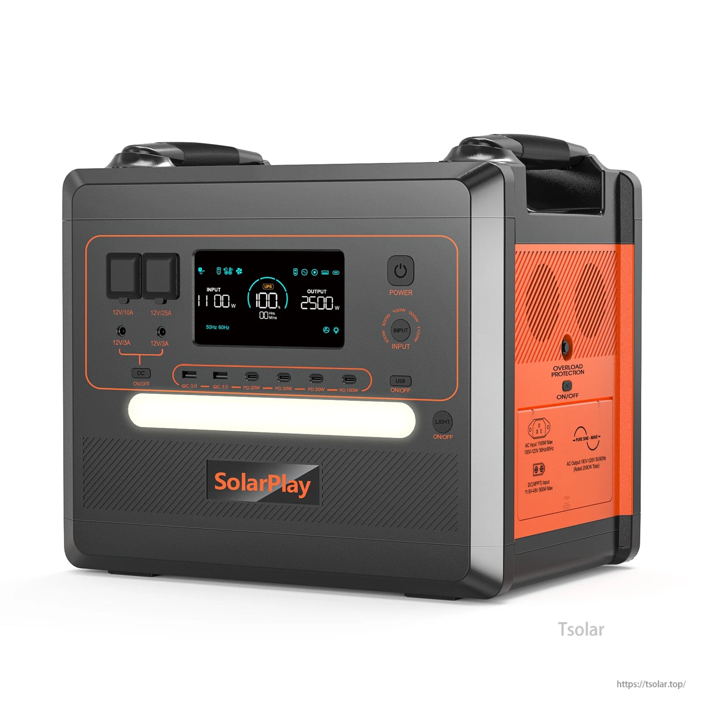 SolarPlay Q2402M Portable Power Station, SolarPlay Q2402M: 2304Wh LiFePO4 battery, 2500W output, 12 ports, UPS in 0.08s, multiple outlets, overload protection, built-in light, and 50/60Hz switchable.