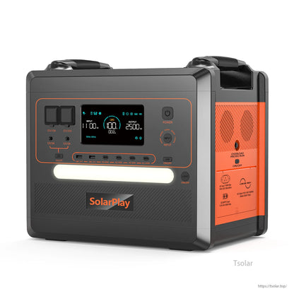 SolarPlay Q2402M Portable Power Station, SolarPlay Q2402M: 2304Wh LiFePO4 battery, 2500W output, 12 ports, UPS in 0.08s, multiple outlets, overload protection, built-in light, and 50/60Hz switchable.