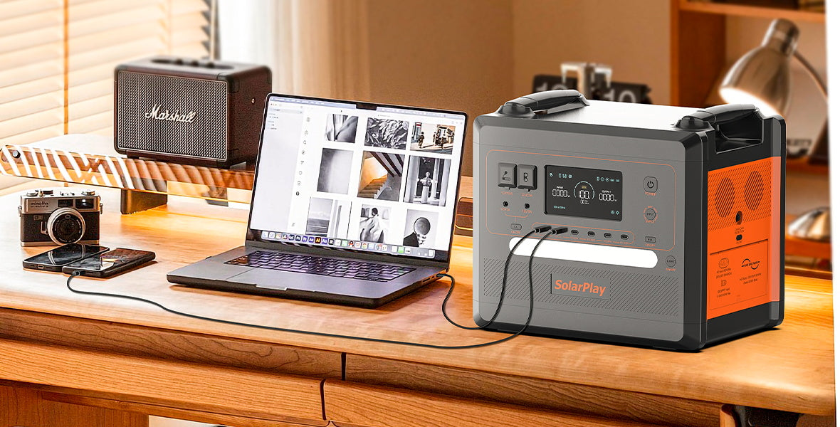 SolarPlay Q2402M Portable Power Station, The device has 12 output ports, including AC and DC outputs, a car ignition port, and multiple USB ports.