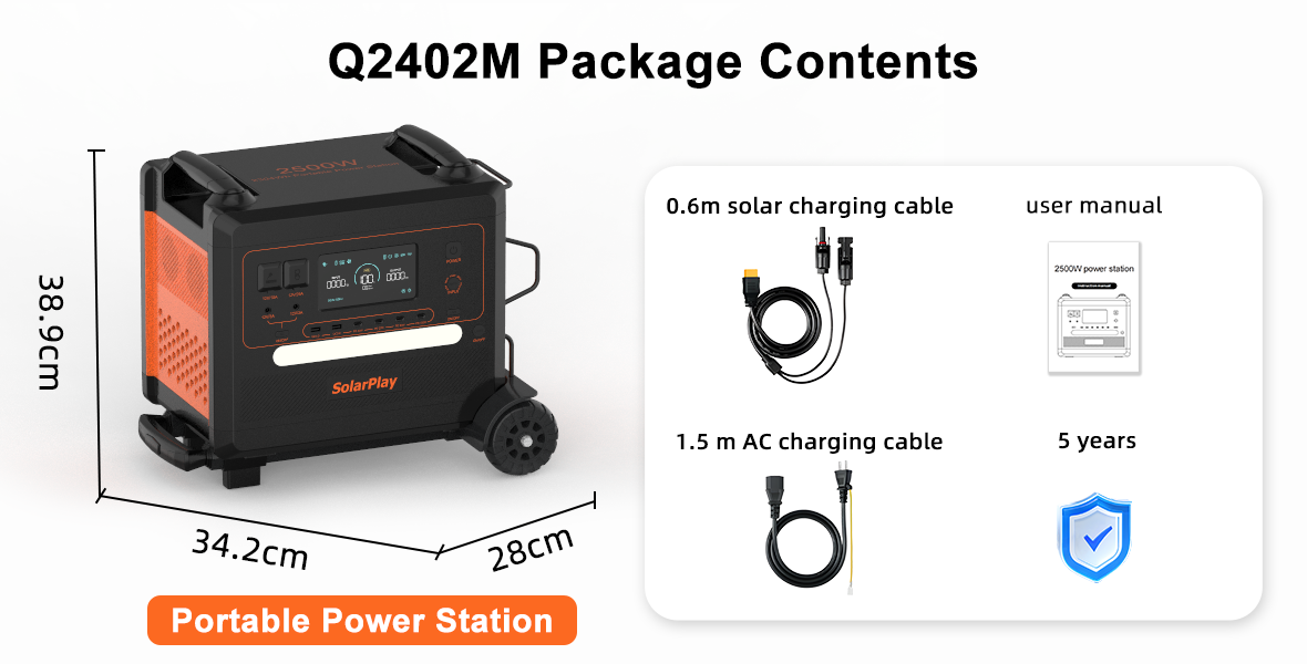 SolarPlay Q2402M Portable Power Station, Portable power station with solar/AC cables, manual, 5-year warranty. Dimensions: 38.9×34.2×28 cm.