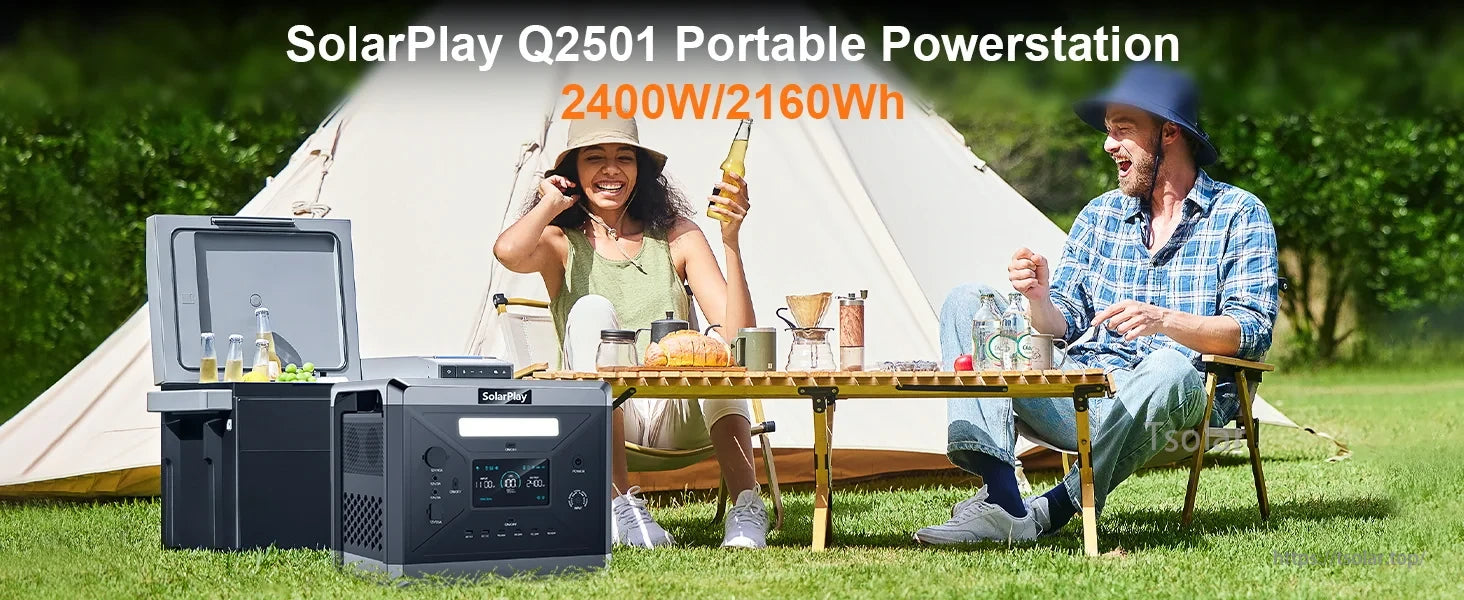 SolarPlay Q2402M Portable Power Station, The SolarPlay Q2501 2400W portable power station is perfect for camping and outdoor adventures, providing reliable power for meals and equipment.