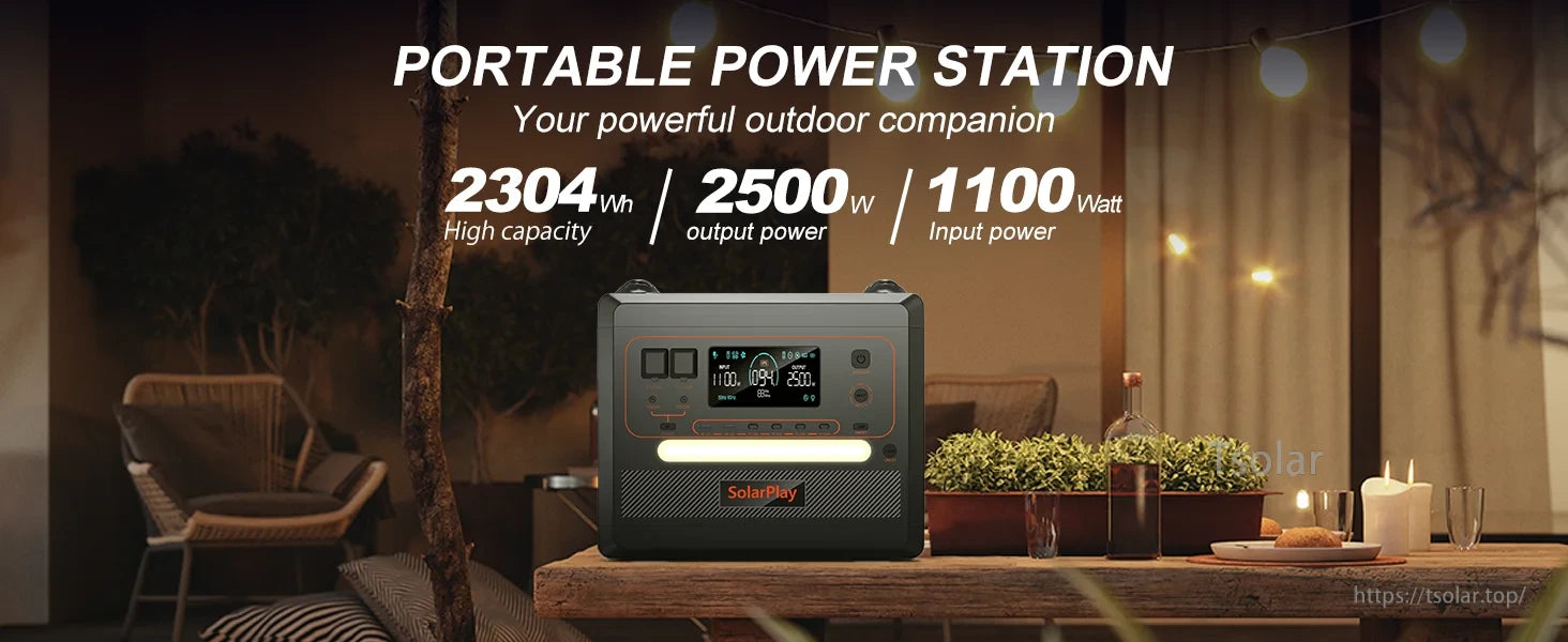 SolarPlay Q2402M Portable Power Station, Portable power station: 2304Wh, 2500W output, 1100W input.