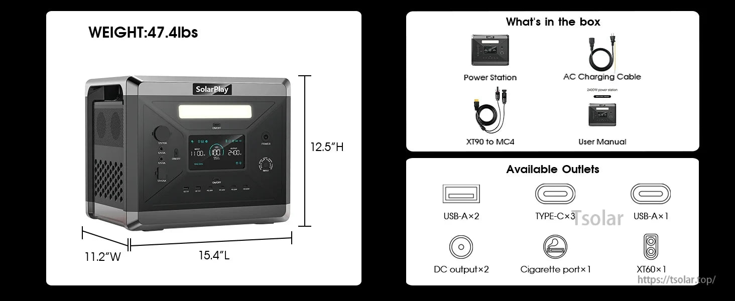 SolarPlay Q2402M Portable Power Station, SolarPlay Q2402M weighs 47.4lbs, sized 15.4"x11.2"x12.5". Includes cables and manual. Offers USB-A, USB-C, DC, cigarette, and XT60 ports for versatile power access.