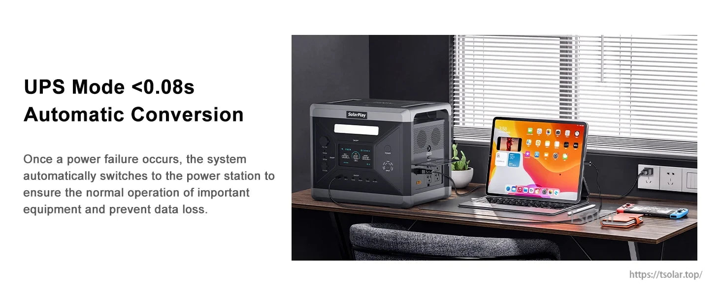 SolarPlay Q2402M Portable Power Station, SolarPlay Q2402M UPS mode <0.08s automatic conversion for seamless power backup.