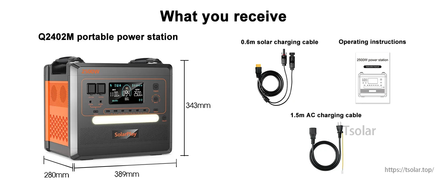 SolarPlay Q2402M Portable Power Station, SolarPlay Q2402M 2500W power station includes solar and AC cables, instructions, and measures 389x280x343mm.