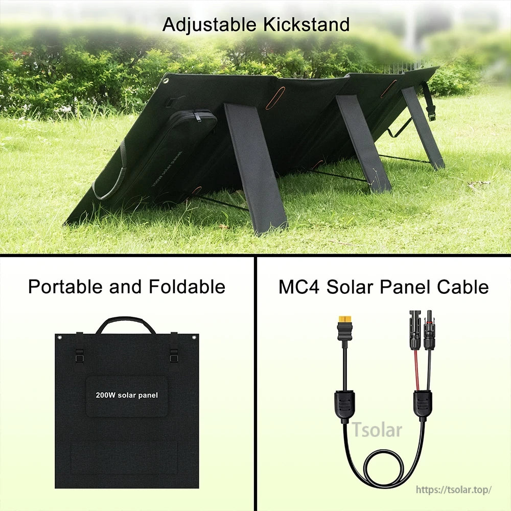 SolarPlay Q2402M Portable Power Station, Portable foldable 200W solar panel with adjustable kickstand and MC4 solar cable.