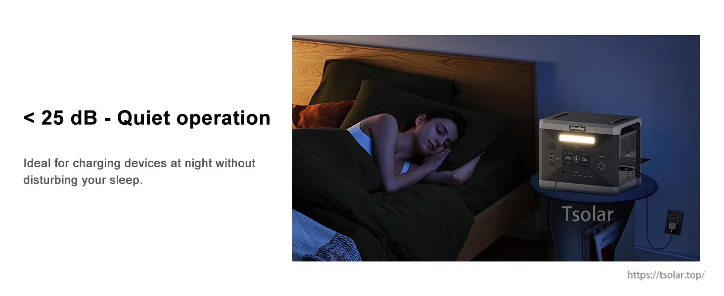 SolarPlay Q2402M Portable Power Station, Quiet operation under 25 dB, ideal for nighttime device charging without disturbing sleep.