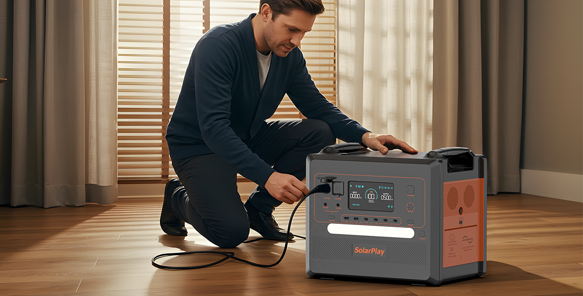 SolarPlay Q2402M Portable Power Station, Informative LCD screen shows power, time, and ports, along with front LED light and dedicated switch.