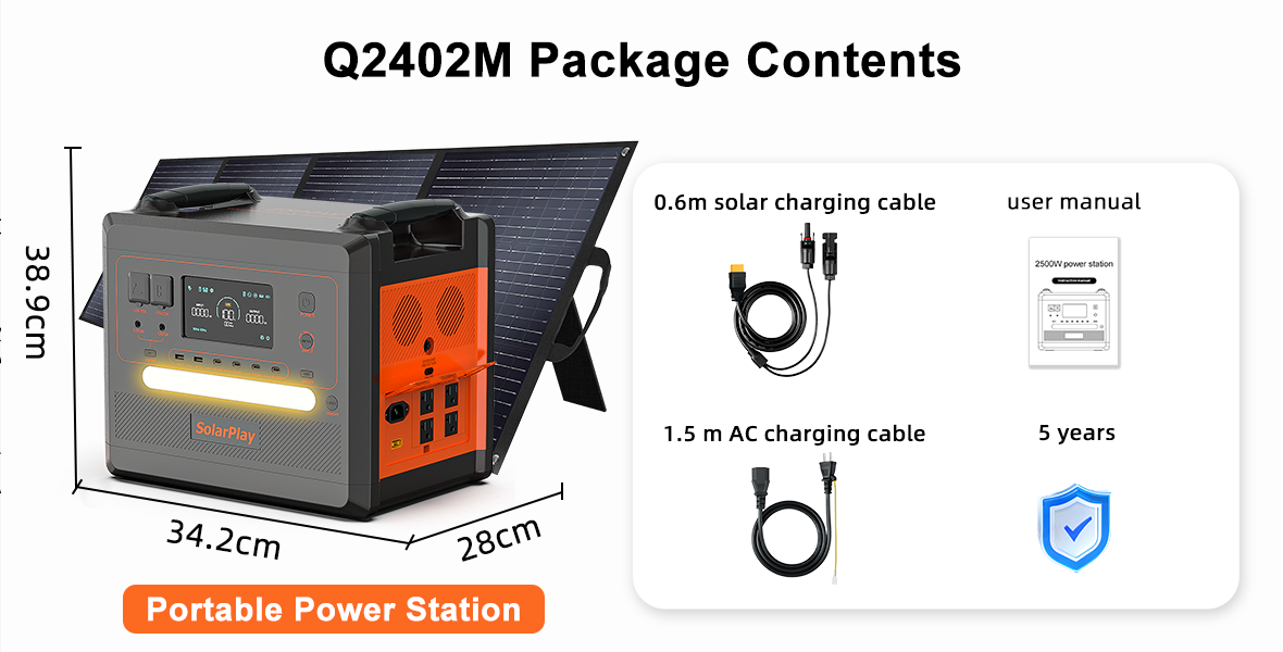 SolarPlay Q2402M Portable Power Station, Portable power station includes solar panel, cables, manual, and 5-year warranty. (14 words)