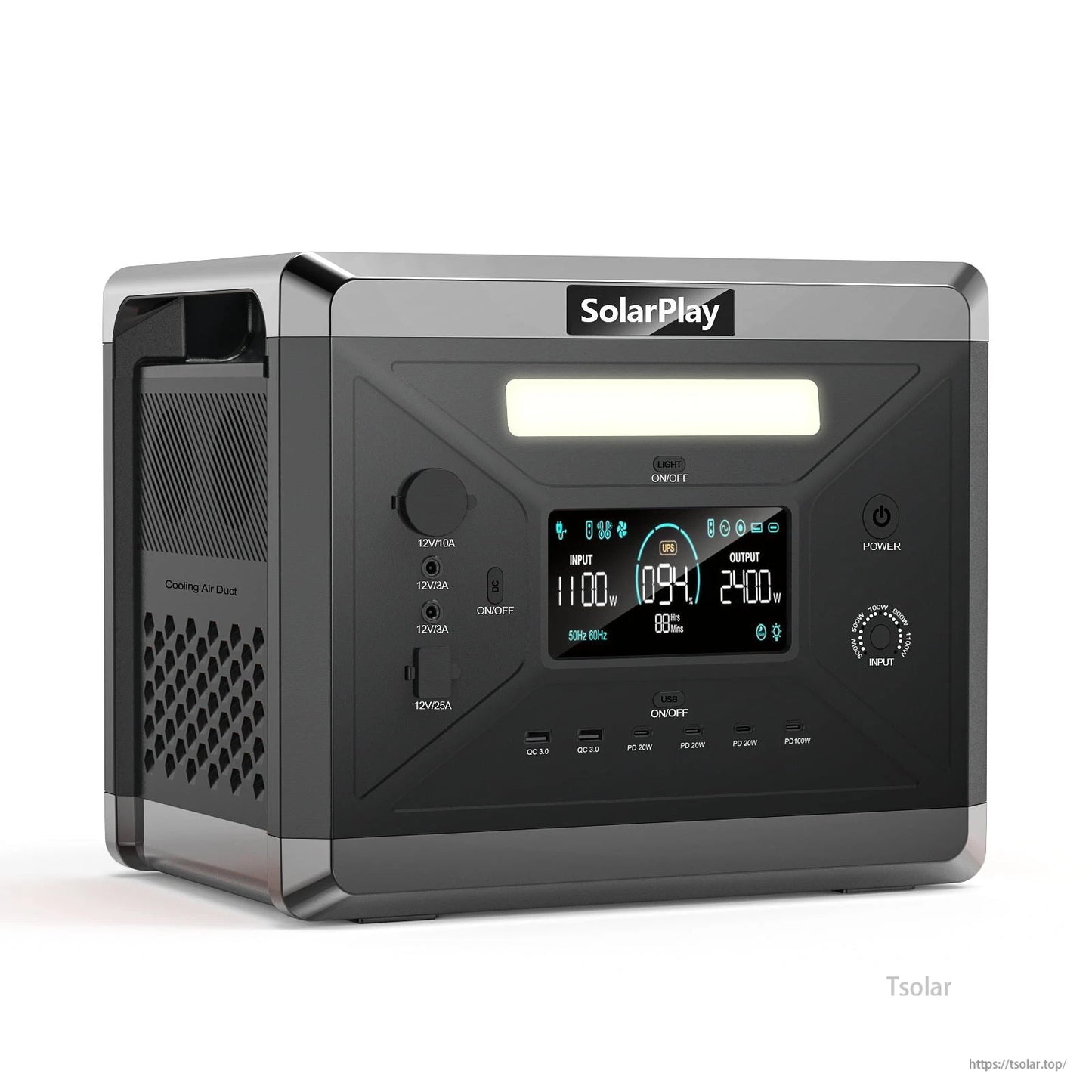 SolarPlay Q2501 Portable Power Station, 2160Wh LiFePO4 portable power station with 2400W output, 12 ports, UPS (0.02s), solar compatible, dual charging, real-time display, and efficient cooling for stable performance.
