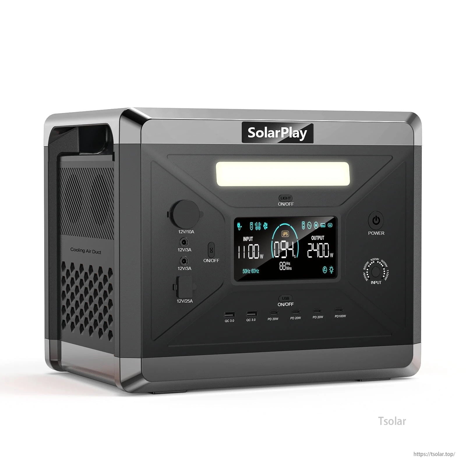 SolarPlay Q2501 Portable Power Station, 2160Wh LiFePO4 portable power station with 2400W output, 12 ports, UPS (0.02s), solar compatible, dual charging, real-time display, and efficient cooling for stable performance.