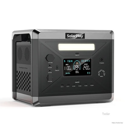 SolarPlay Q2501 Portable Power Station, 2160Wh LiFePO4 portable power station with 2400W output, 12 ports, UPS (0.02s), solar compatible, dual charging, real-time display, and efficient cooling for stable performance.