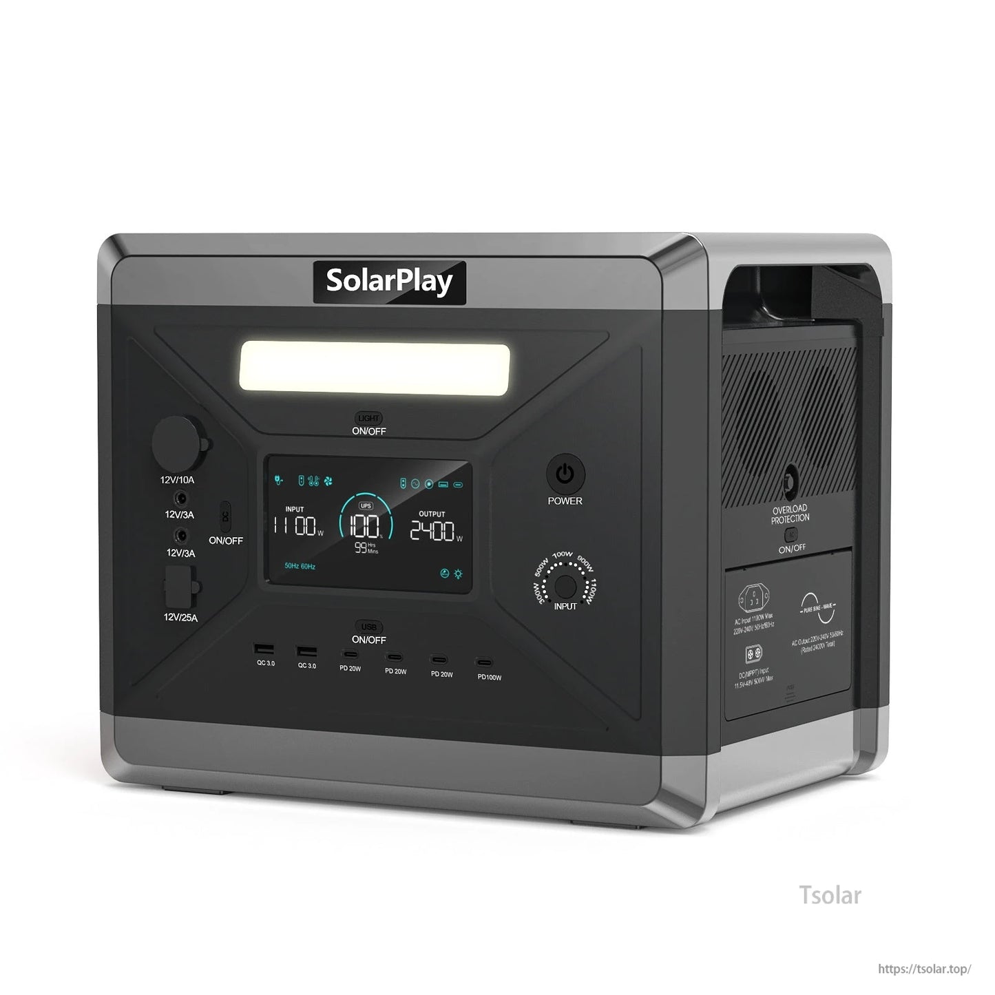 SolarPlay Q2501 Portable Power Station, SolarPlay Q2501: 2160Wh LiFePO4 battery, 2400W AC output, 12 ports, 1100W dual charging, digital display, multiple I/O, overload protection—compact, portable power solution.