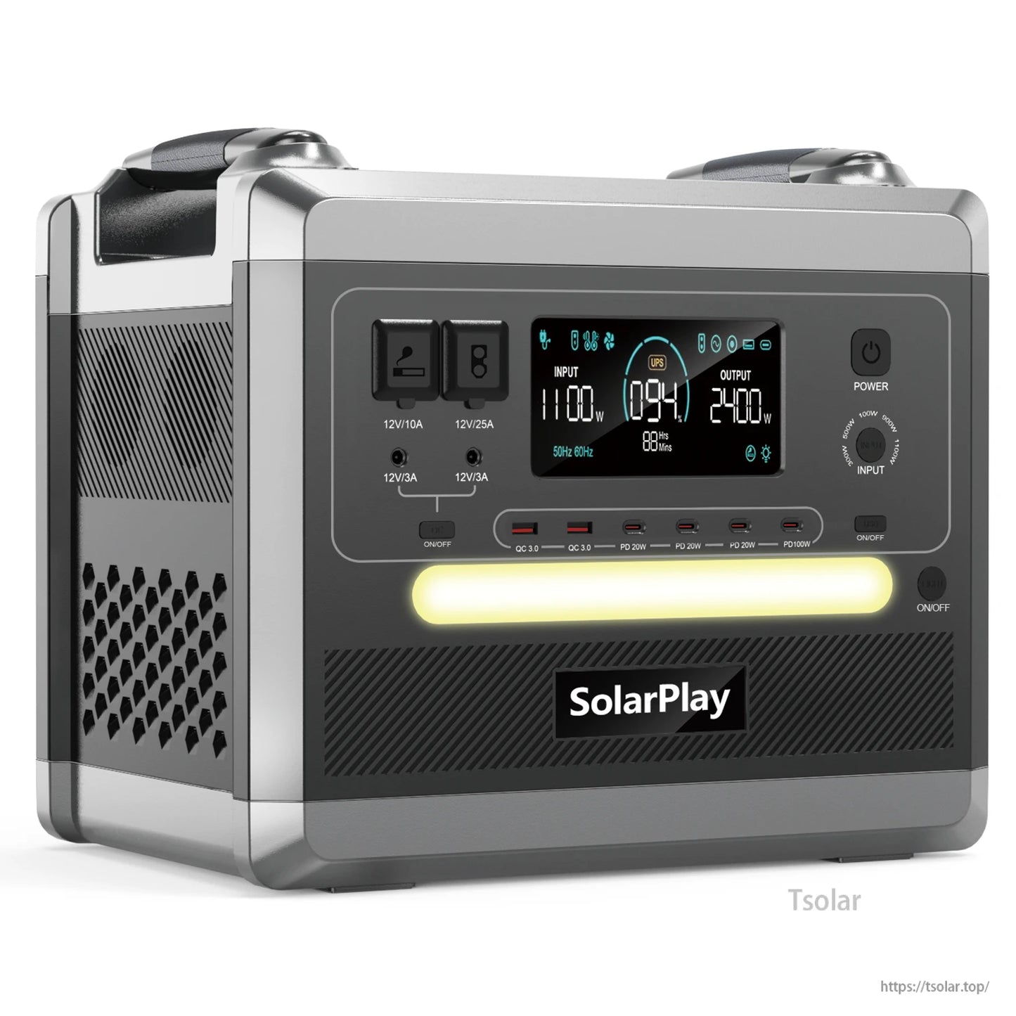 SolarPlay Q2501 Portable Power Station with 2400W AC Output, 2160Wh battery, fast charging, and 14 total ports.