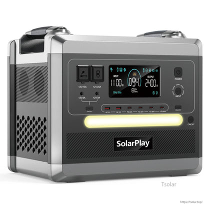 SolarPlay Q2501 Portable Power Station with 2400W AC Output, 2160Wh battery, fast charging, and 14 total ports.