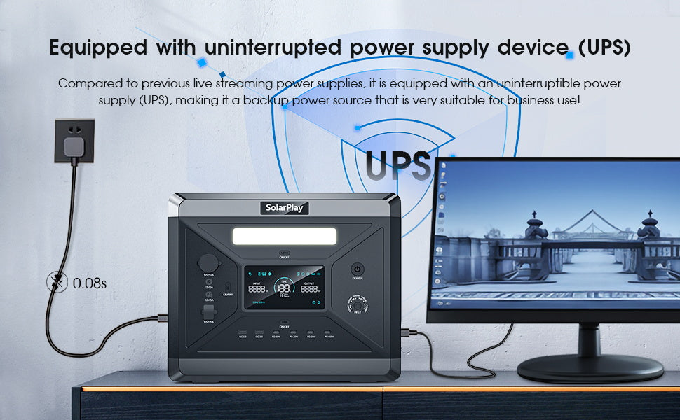 SolarPlay Q2501 Portable Power Station, Portable SolarPlay Q2501 power station offers reliable backup with UPS, ideal for business and live streaming anywhere. (19 words)
