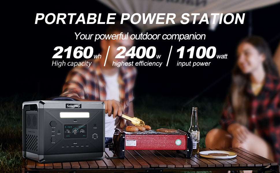 SolarPlay Q2501 Portable Power Station, Portable power station with 2160Wh capacity, 2400W output, 1100W input; compact, efficient, ideal for on-the-go energy needs.